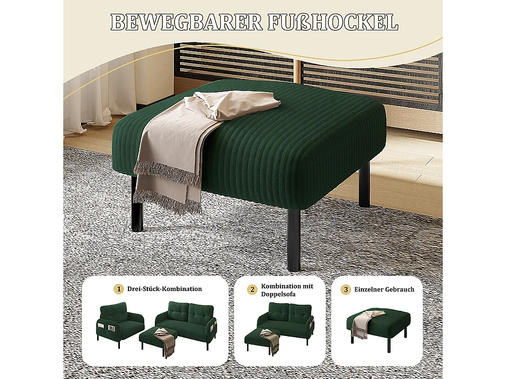 Tabouret haut de gamme velours côtelé structure métallique confort ultime polyvalent repose-pieds pouf table montage rapide vert émeraude