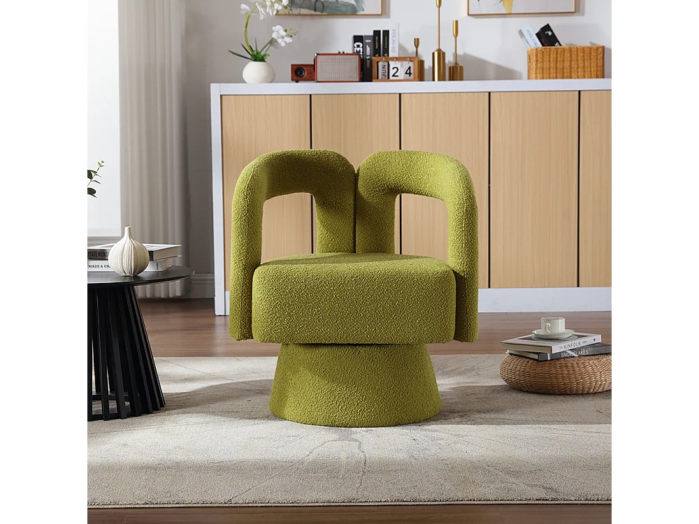 Fauteuil d'appoint pivotant 360° rond large rembourrage tissu moelleux couleur vert olive multipièce