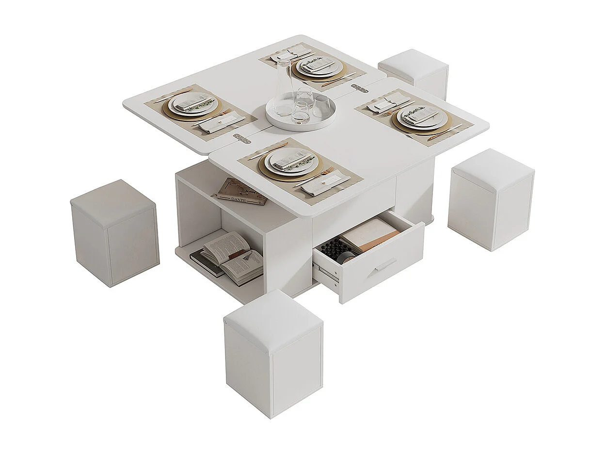 Verstelbare mobiele salontafel 4-in-1 ombouwbaar lades 4 krukken wit