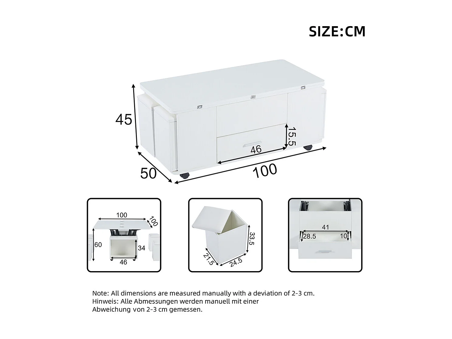 Verstelbare mobiele salontafel 4-in-1 ombouwbaar lades 4 krukken wit