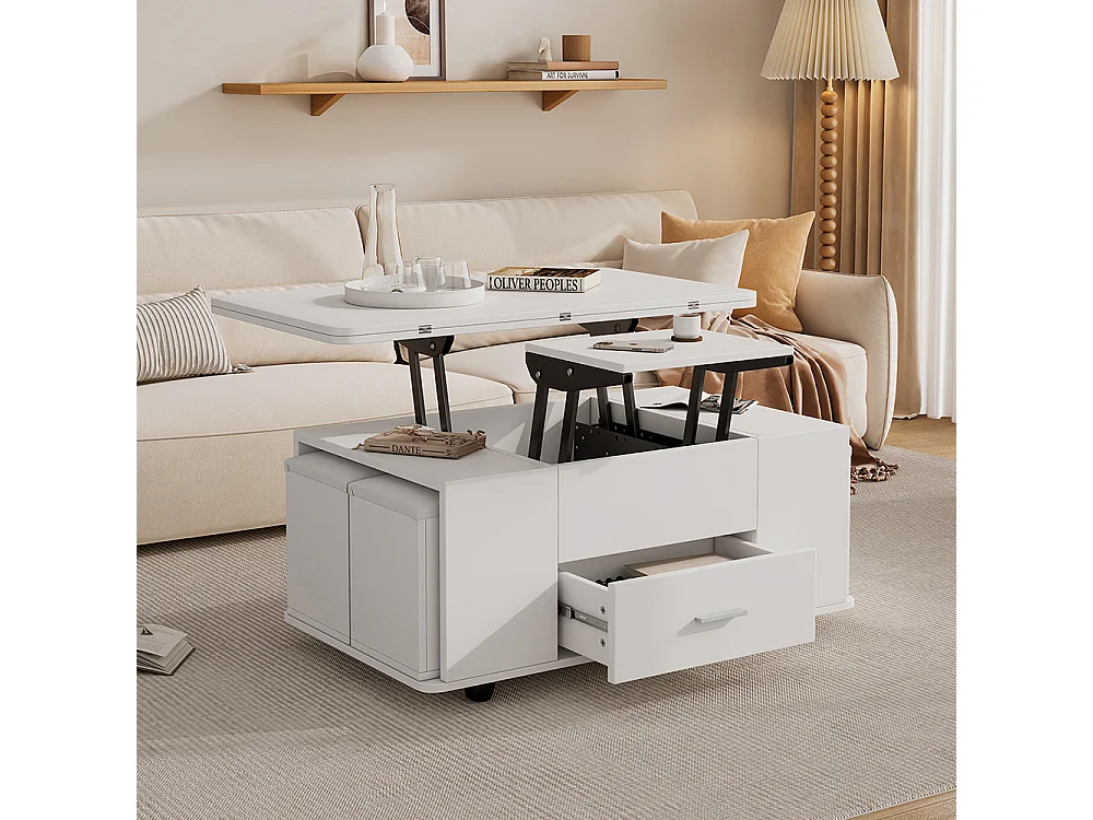 Verstelbare mobiele salontafel 4-in-1 ombouwbaar lades 4 krukken wit