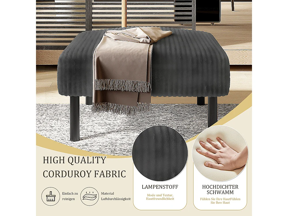 Tabouret haut de gamme velours côtelé structure métallique confort ultime polyvalent repose-pieds pouf table montage rapide gris