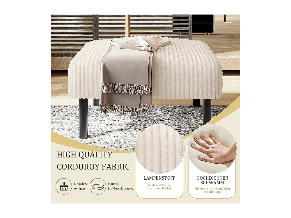 Hoogwaardige kruk corduroy metalen structuur ultiem comfort veelzijdig voetensteun poef tafel snelle montage beige