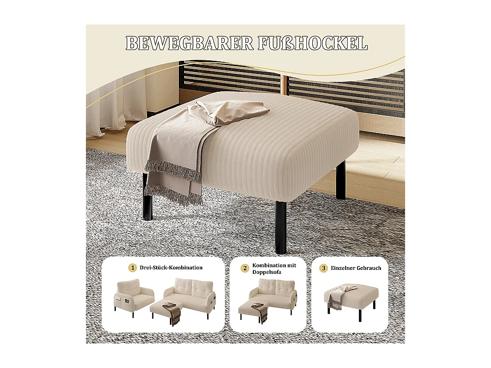 Hoogwaardige kruk corduroy metalen structuur ultiem comfort veelzijdig voetensteun poef tafel snelle montage beige