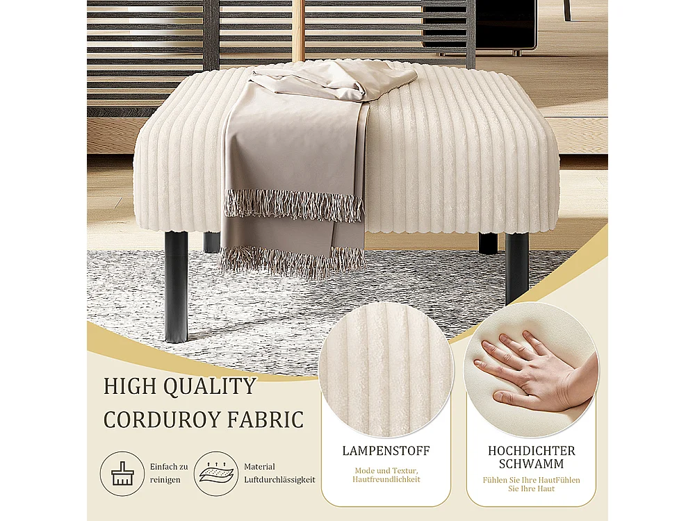 Hoogwaardige kruk corduroy metalen structuur ultiem comfort veelzijdig voetensteun poef tafel snelle montage beige