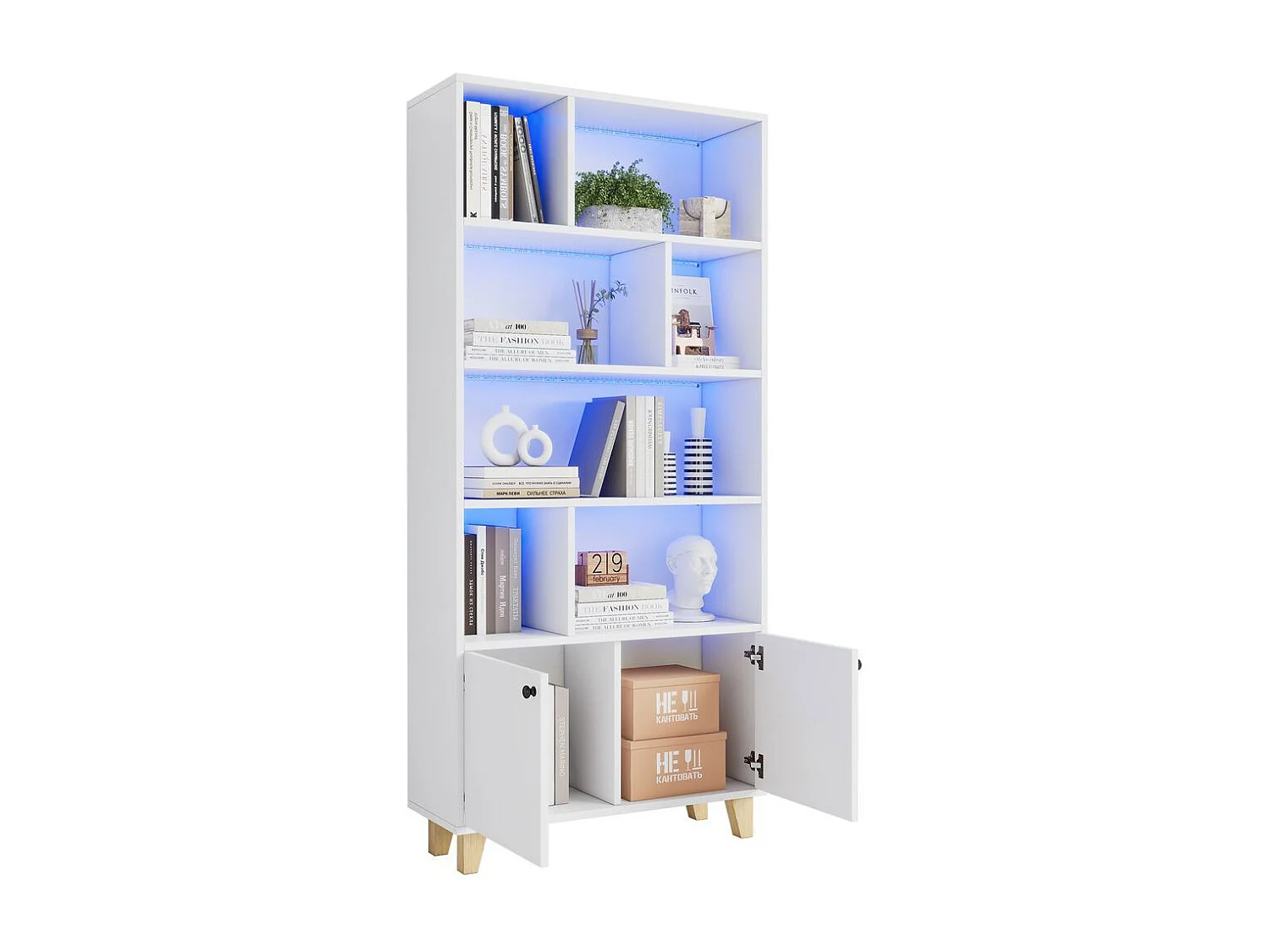 Bibliotheque pieds bois massif nombreux casiers double porte eclairage LED couleur variable telecommande forme simple blanc