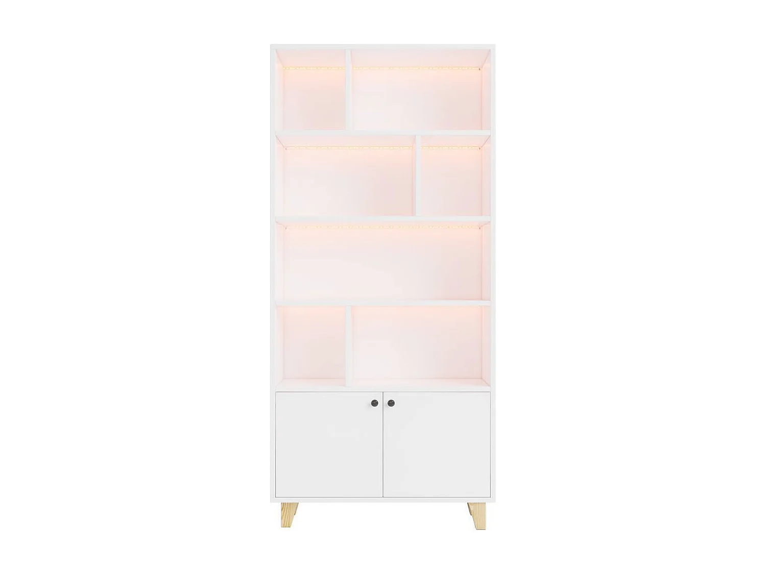 Bibliotheque pieds bois massif nombreux casiers double porte eclairage LED couleur variable telecommande forme simple blanc