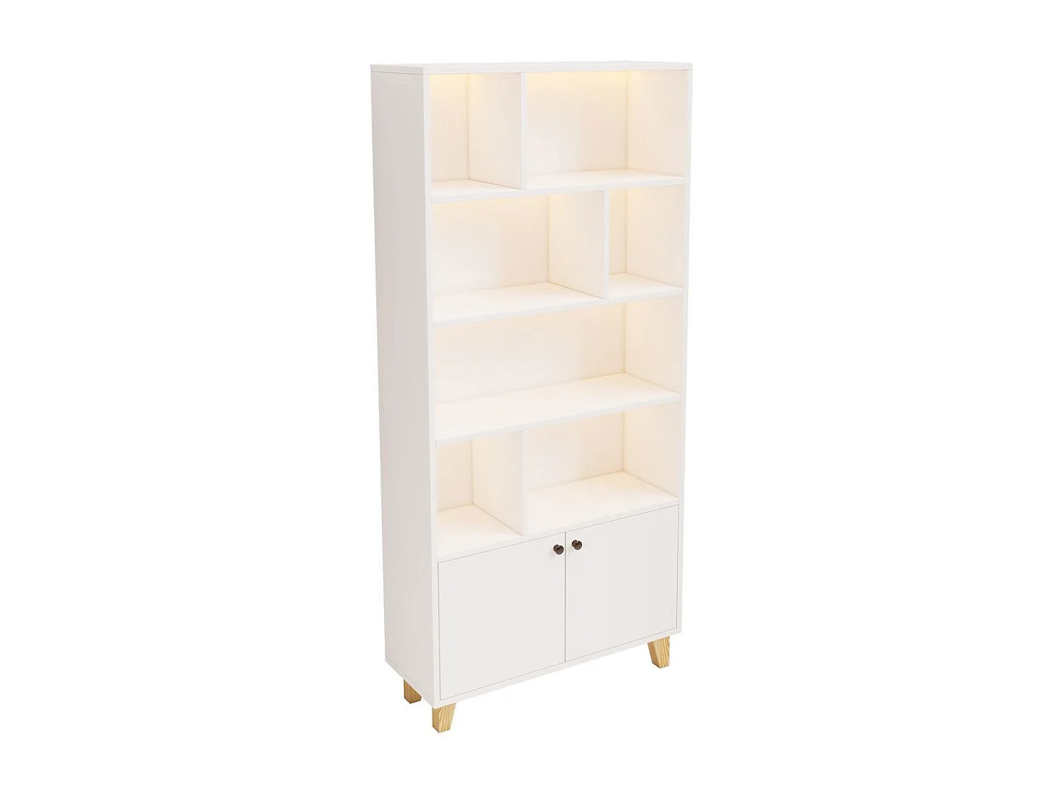 Bibliotheque pieds bois massif nombreux casiers double porte eclairage LED couleur variable telecommande forme simple blanc