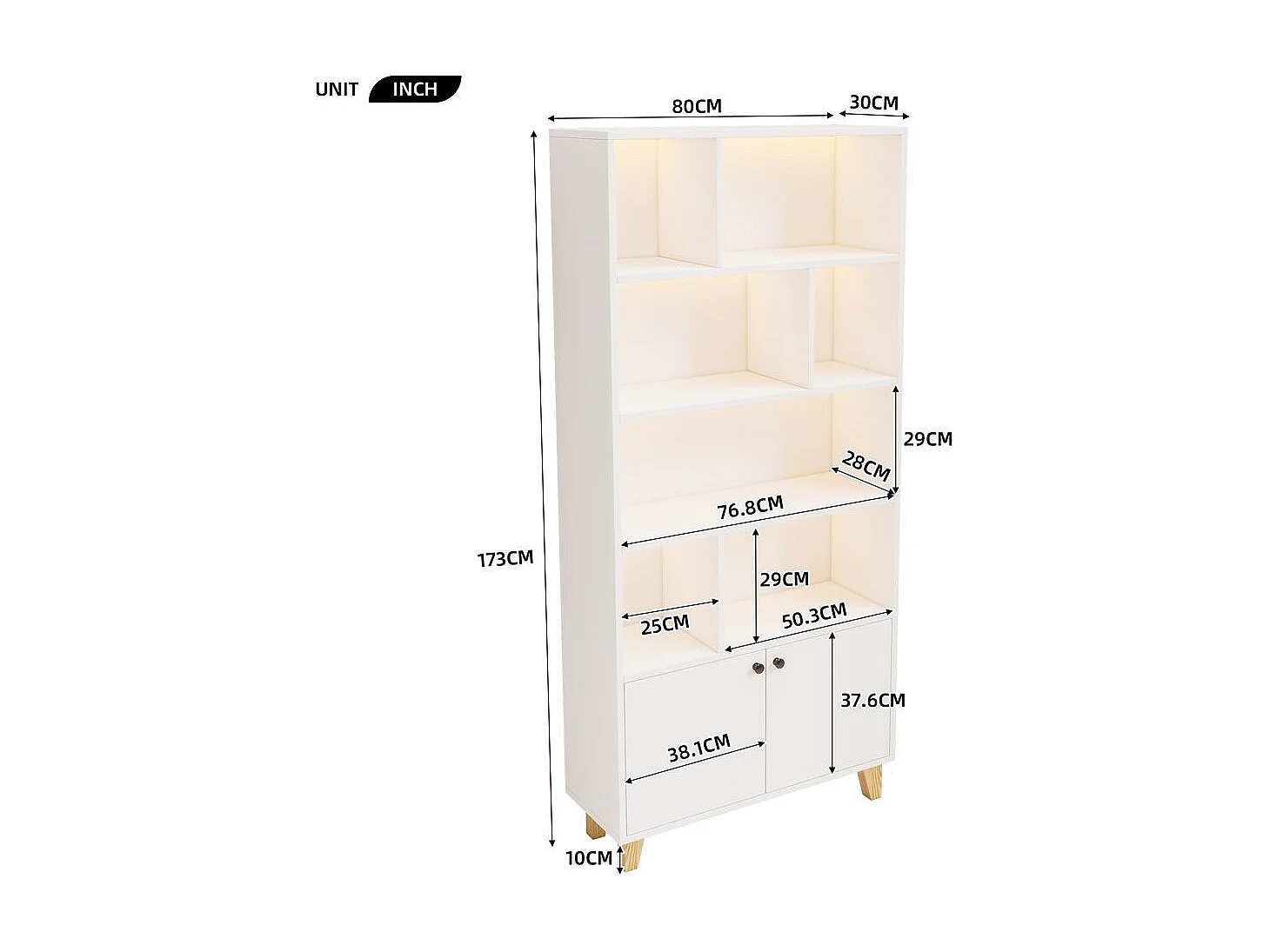 Bibliotheque pieds bois massif nombreux casiers double porte eclairage LED couleur variable telecommande forme simple blanc