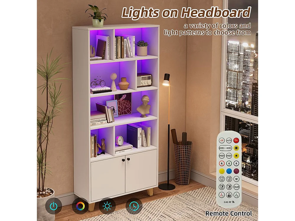 Bibliotheque pieds bois massif nombreux casiers double porte eclairage LED couleur variable telecommande forme simple blanc