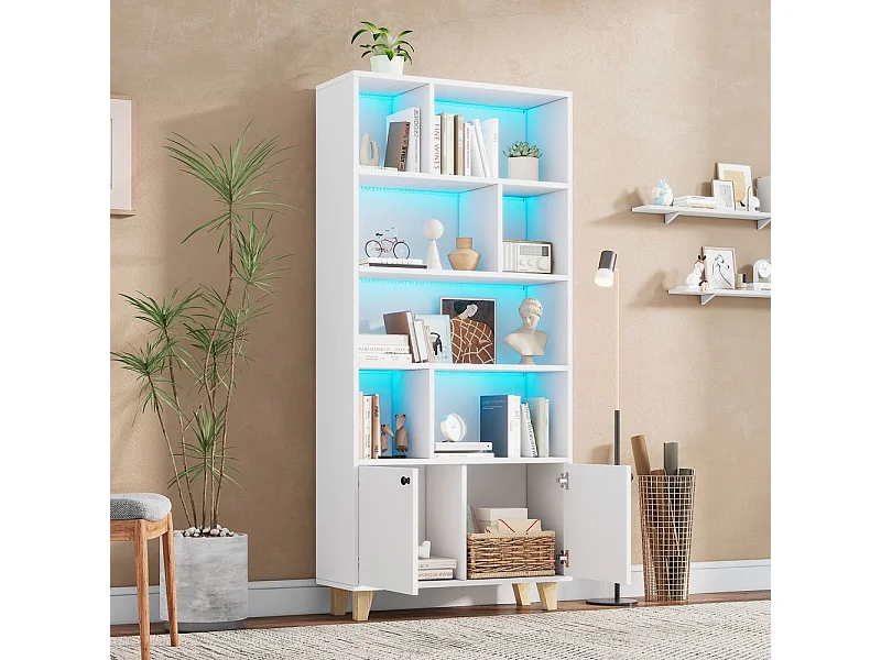 Bibliotheque pieds bois massif nombreux casiers double porte eclairage LED couleur variable telecommande forme simple blanc