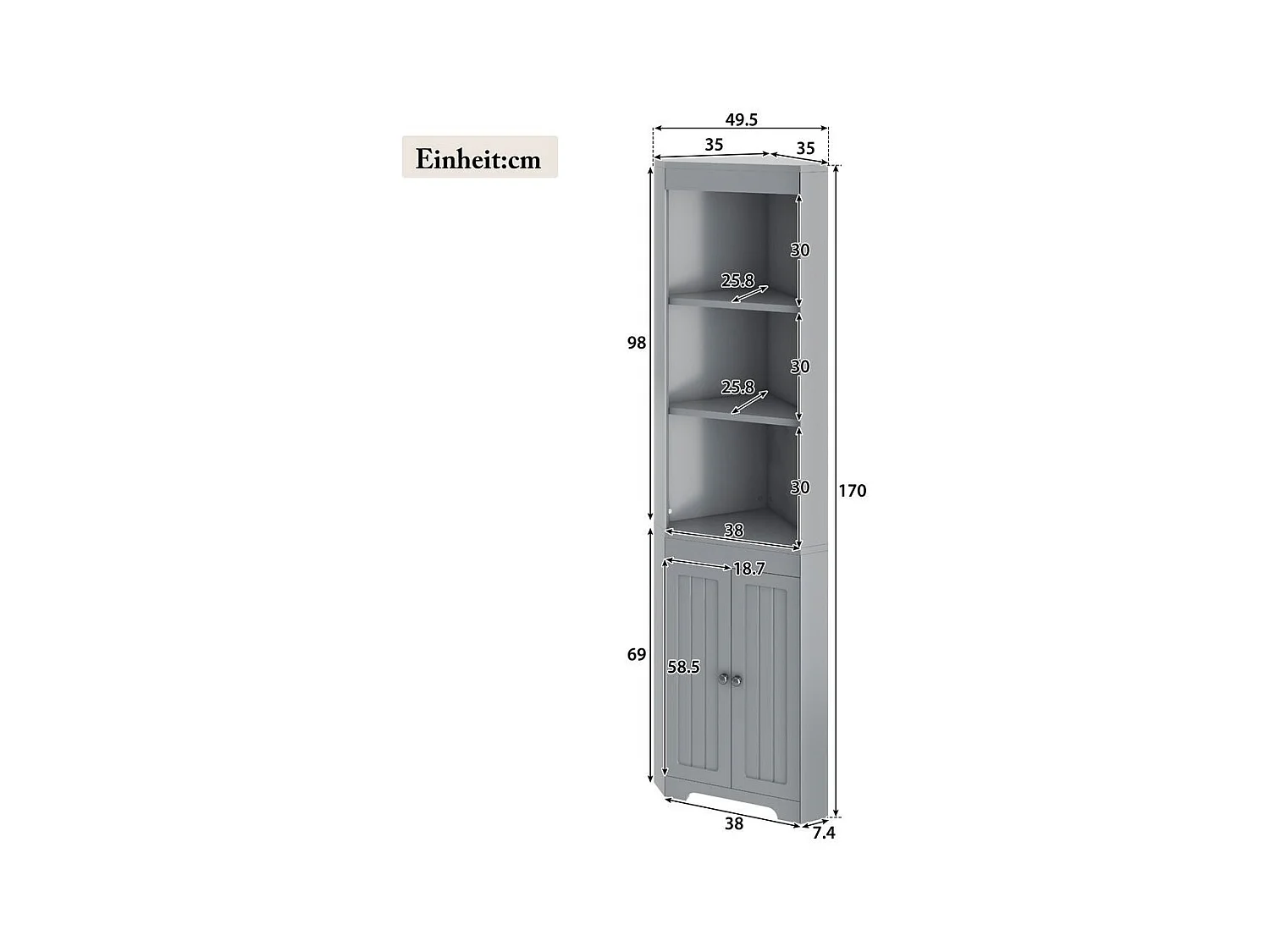 Colonne salle de bain portes battantes résistantes à l'humidité étagères coulissantes gris