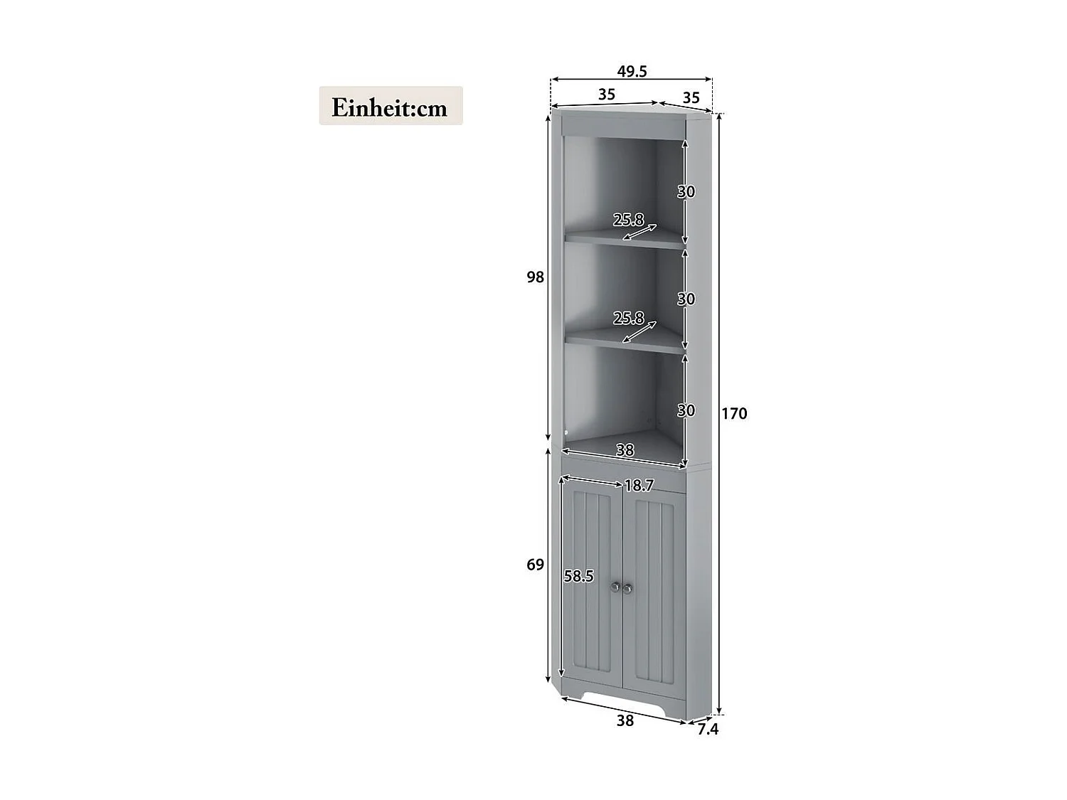 Colonne salle de bain portes battantes résistantes à l'humidité étagères coulissantes gris