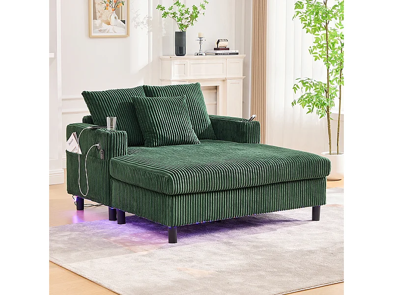 Fauteuil longue généreux moelleux porte-gobelets ports USB éclairage LED intégré salon chambre véranda vert émeraude