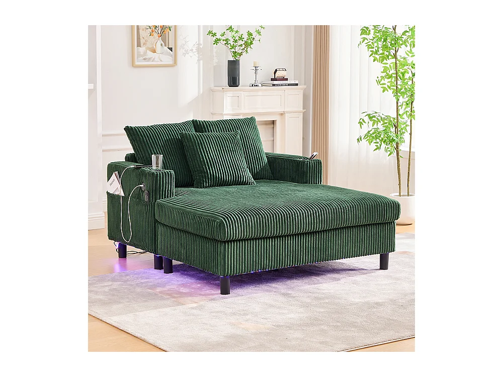 Fauteuil longue généreux moelleux porte-gobelets ports USB éclairage LED intégré salon chambre véranda vert émeraude