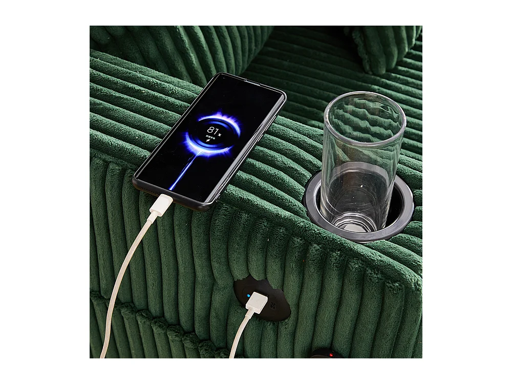 Fauteuil longue généreux moelleux porte-gobelets ports USB éclairage LED intégré salon chambre véranda vert émeraude