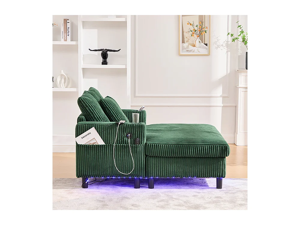 Fauteuil longue généreux moelleux porte-gobelets ports USB éclairage LED intégré salon chambre véranda vert émeraude