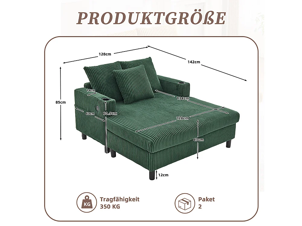 Lange zachte fauteuil met bekerhouders USB-poorten en geïntegreerde ledverlichting voor in de woonkamer slaapkamer of veranda smaragdgroen