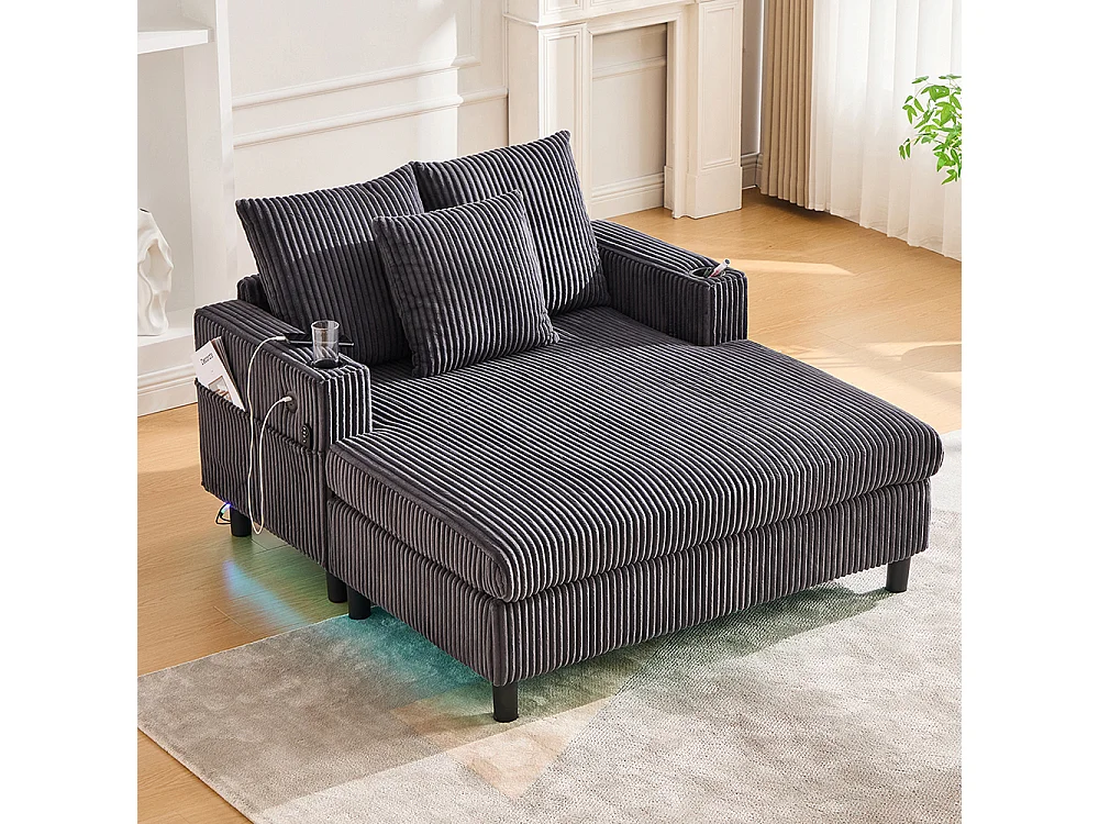 Lange zachte fauteuil met bekerhouders USB-poorten en geïntegreerde ledverlichting voor in de woonkamer slaapkamer of veranda donkergrijs