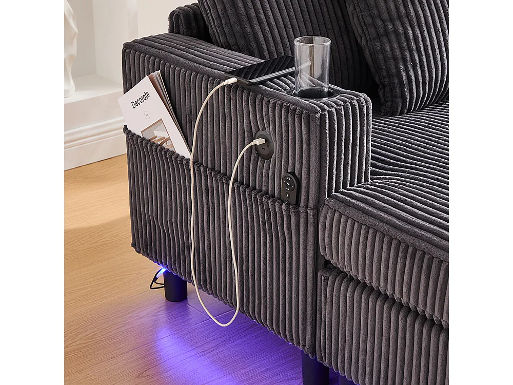 Lange zachte fauteuil met bekerhouders USB-poorten en geïntegreerde ledverlichting voor in de woonkamer slaapkamer of veranda donkergrijs