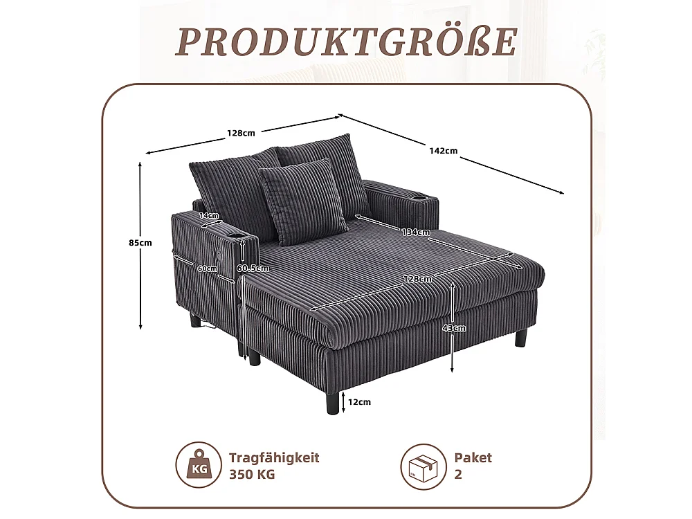 Lange zachte fauteuil met bekerhouders USB-poorten en geïntegreerde ledverlichting voor in de woonkamer slaapkamer of veranda donkergrijs