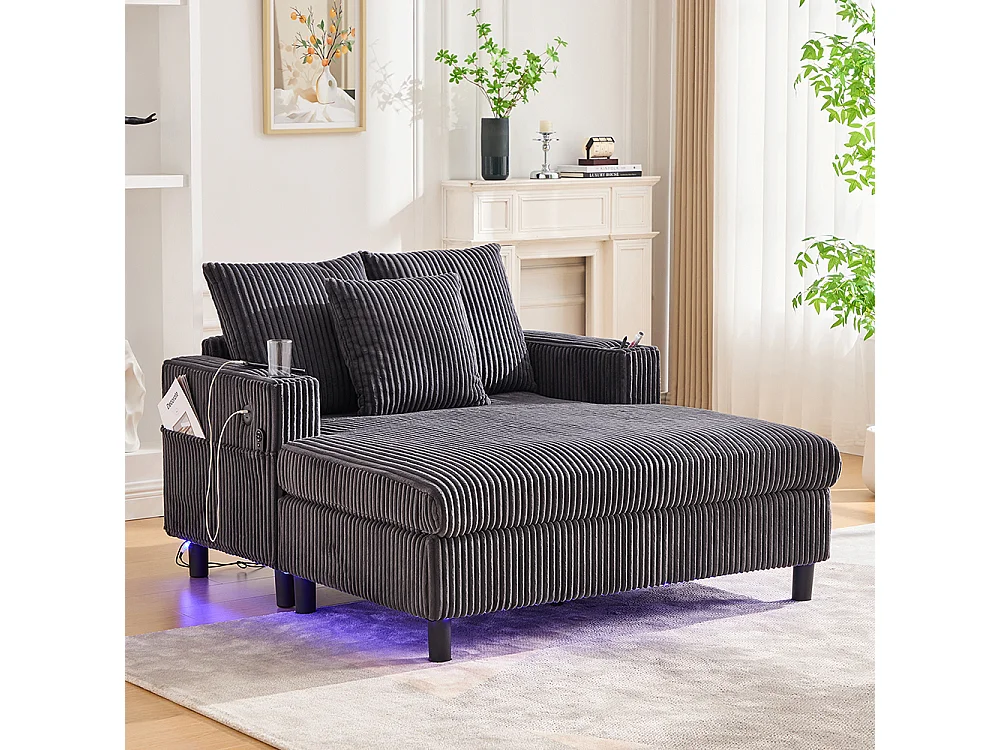 Lange zachte fauteuil met bekerhouders USB-poorten en geïntegreerde ledverlichting voor in de woonkamer slaapkamer of veranda donkergrijs