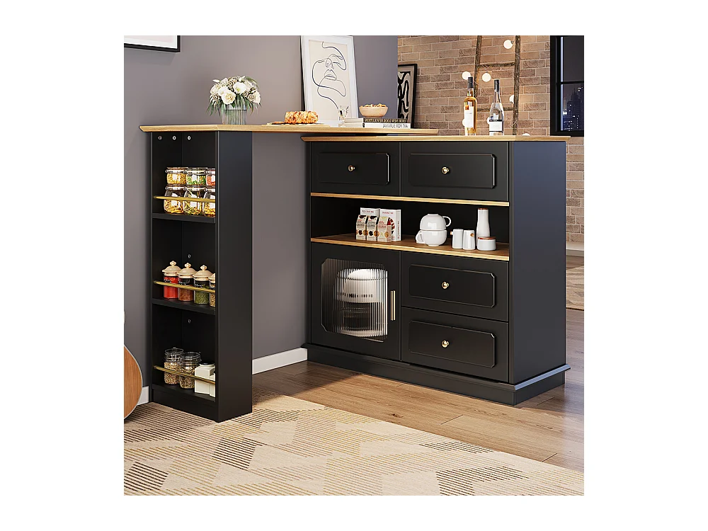 Buffet de cuisine table de bar extensible espace rangement pivotante 360° mobile moderne table haute table bistrot étagères verre noir