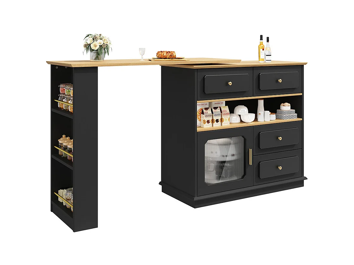 Buffet de cuisine table de bar extensible espace rangement pivotante 360° mobile moderne table haute table bistrot étagères verre noir