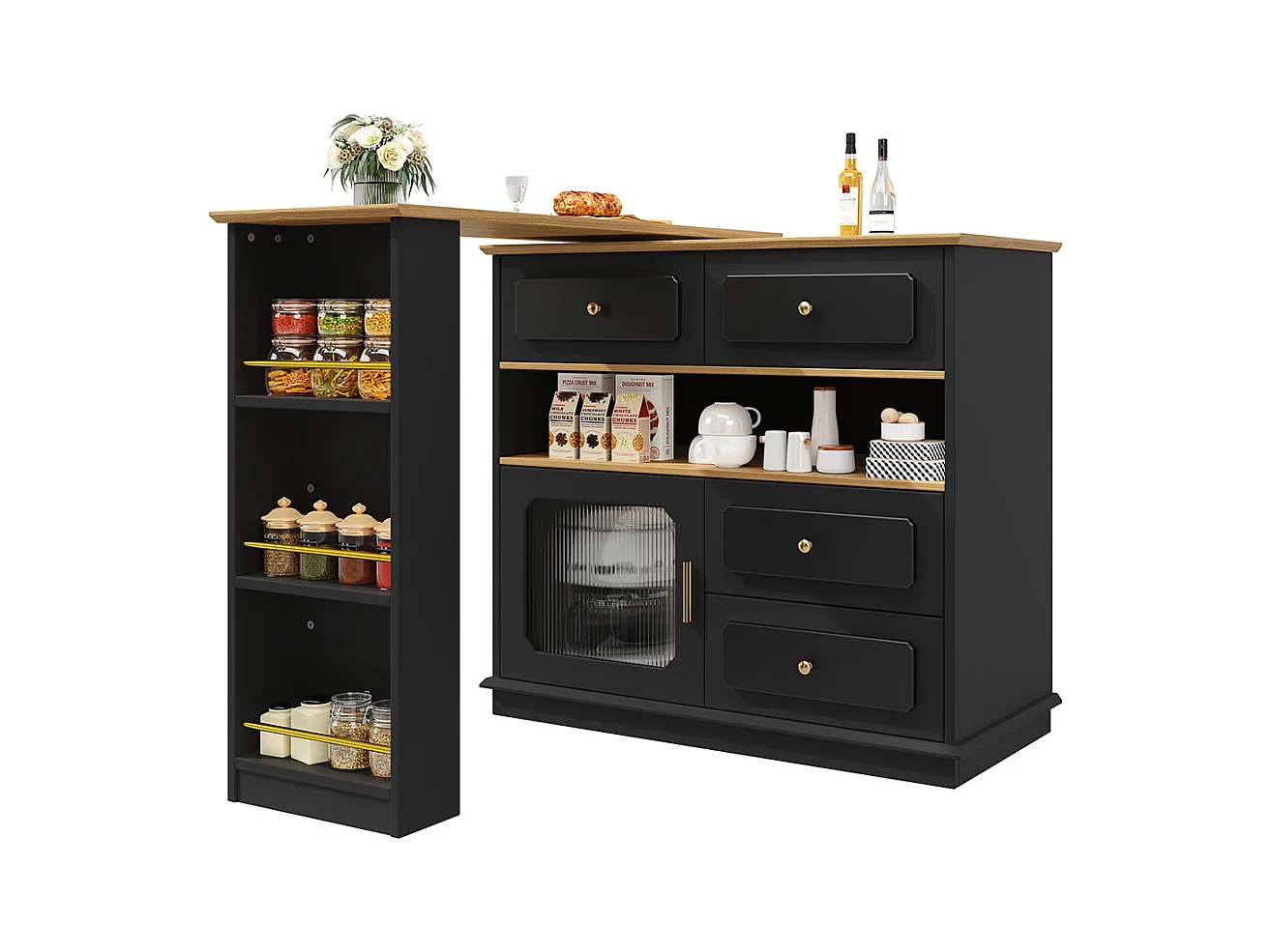 Buffet de cuisine table de bar extensible espace rangement pivotante 360° mobile moderne table haute table bistrot étagères verre noir