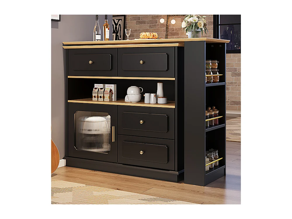 Buffet de cuisine table de bar extensible espace rangement pivotante 360° mobile moderne table haute table bistrot étagères verre noir