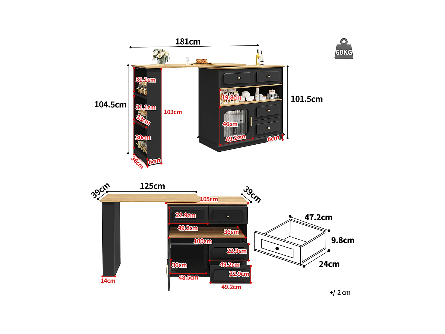 Buffet de cuisine table de bar extensible espace rangement pivotante 360° mobile moderne table haute table bistrot étagères verre noir