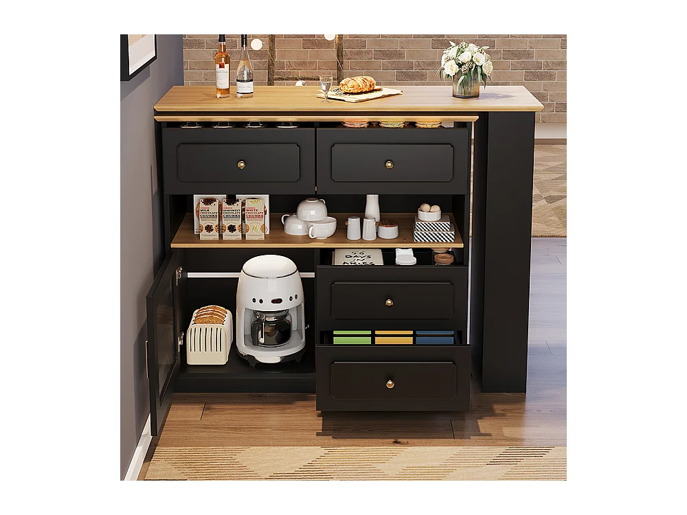 Buffet de cuisine table de bar extensible espace rangement pivotante 360° mobile moderne table haute table bistrot étagères verre noir