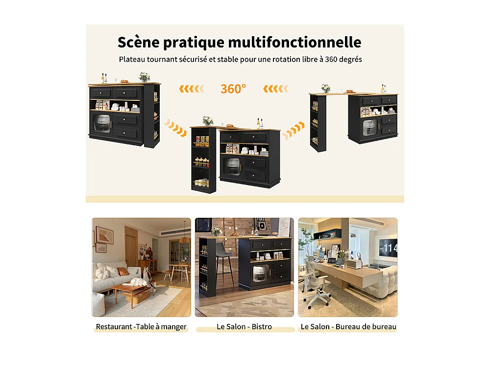 Buffet de cuisine table de bar extensible espace rangement pivotante 360° mobile moderne table haute table bistrot étagères verre noir