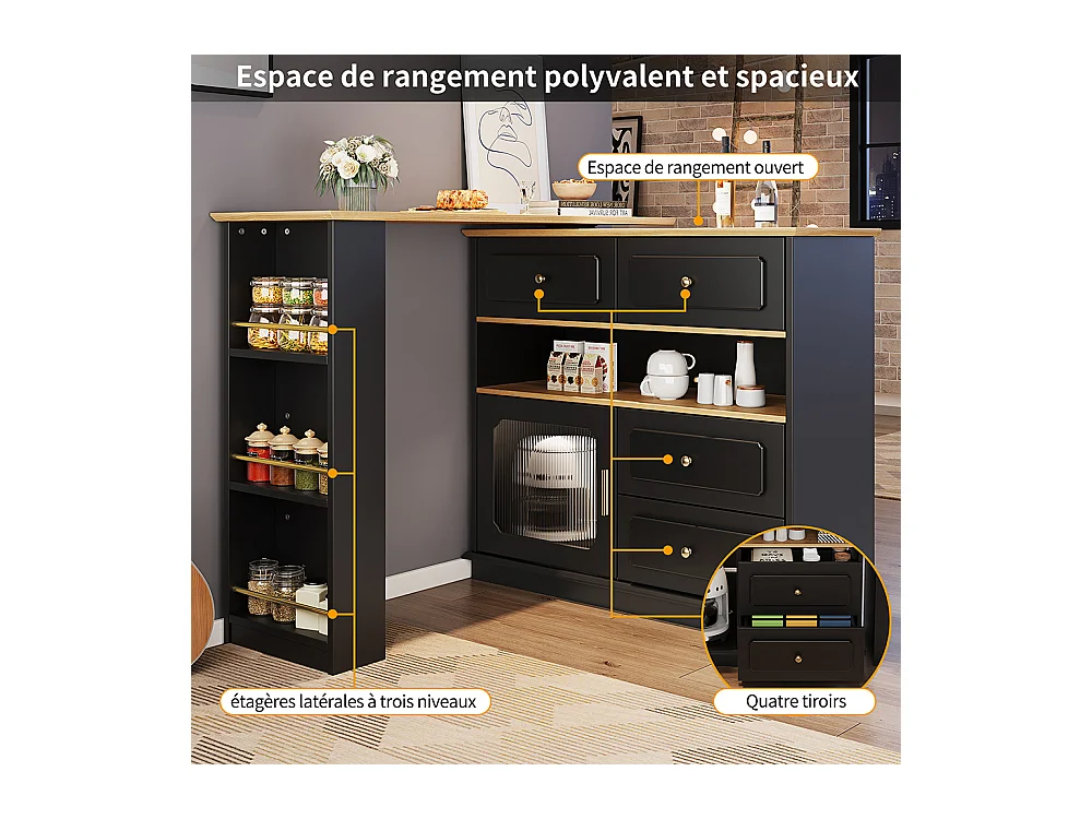 Buffet de cuisine table de bar extensible espace rangement pivotante 360° mobile moderne table haute table bistrot étagères verre noir