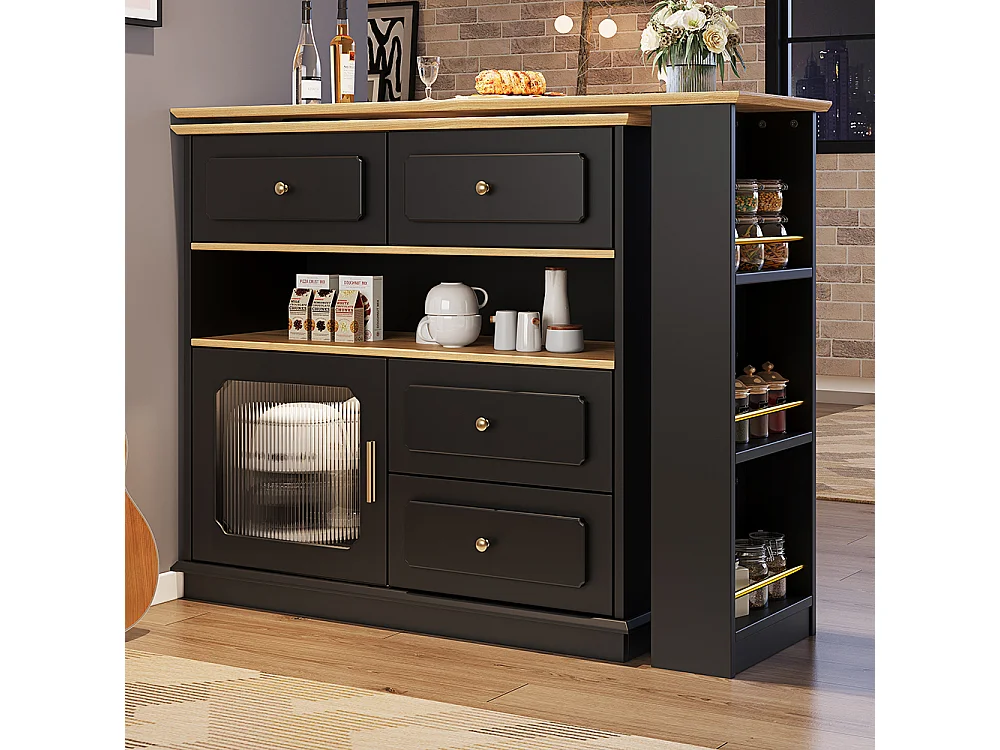 Buffet de cuisine table de bar extensible espace rangement pivotante 360° mobile moderne table haute table bistrot étagères verre noir