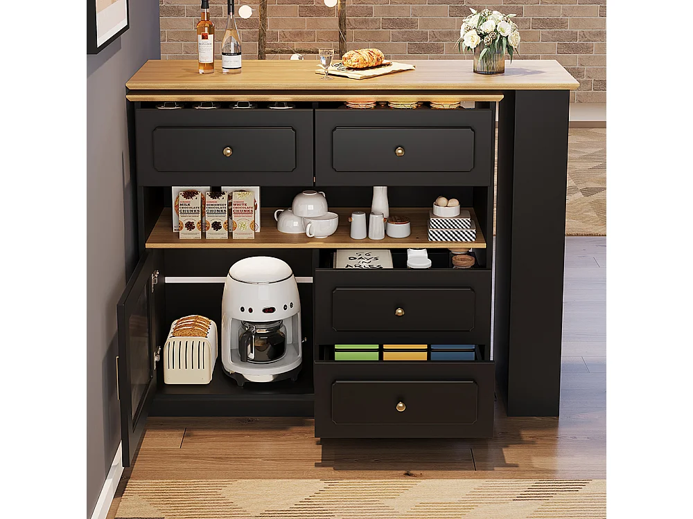 Buffet de cuisine table de bar extensible espace rangement pivotante 360° mobile moderne table haute table bistrot étagères verre noir