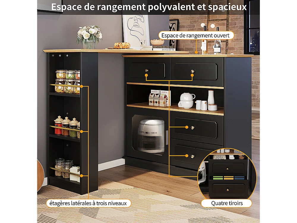 Buffet de cuisine table de bar extensible espace rangement pivotante 360° mobile moderne table haute table bistrot étagères verre noir
