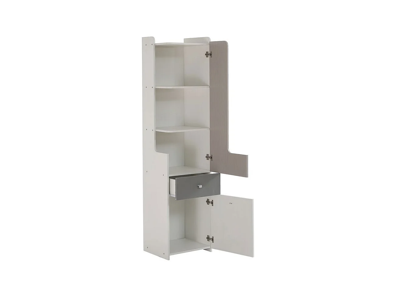 Bibliothèque étagère adolescents porte L tiroir armoires rangement portes charnières boutons métalliques carrés MDF blanc orme clair gris