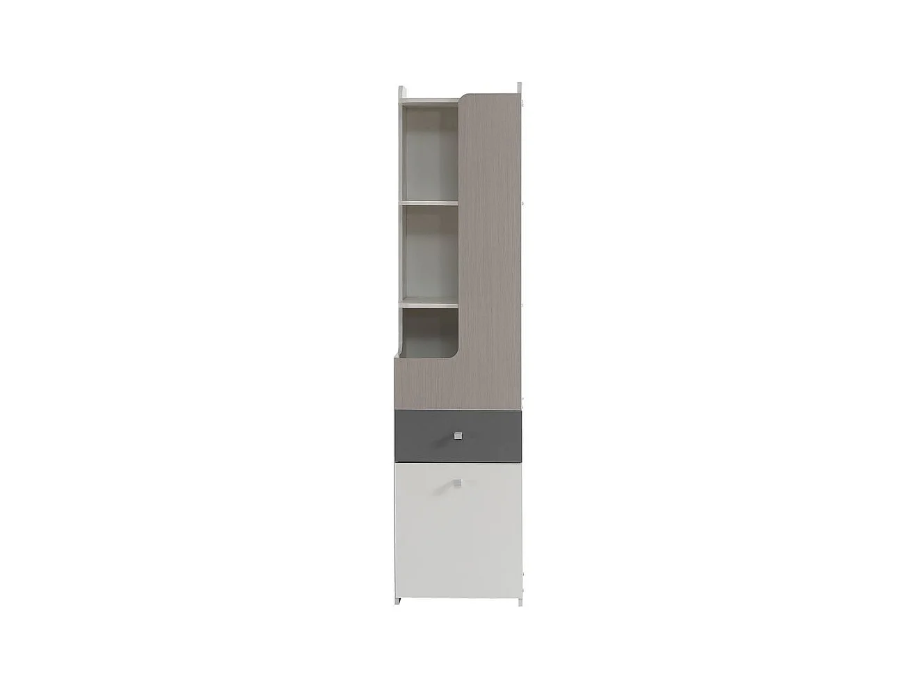 Bibliothèque étagère adolescents porte L tiroir armoires rangement portes charnières boutons métalliques carrés MDF blanc orme clair gris