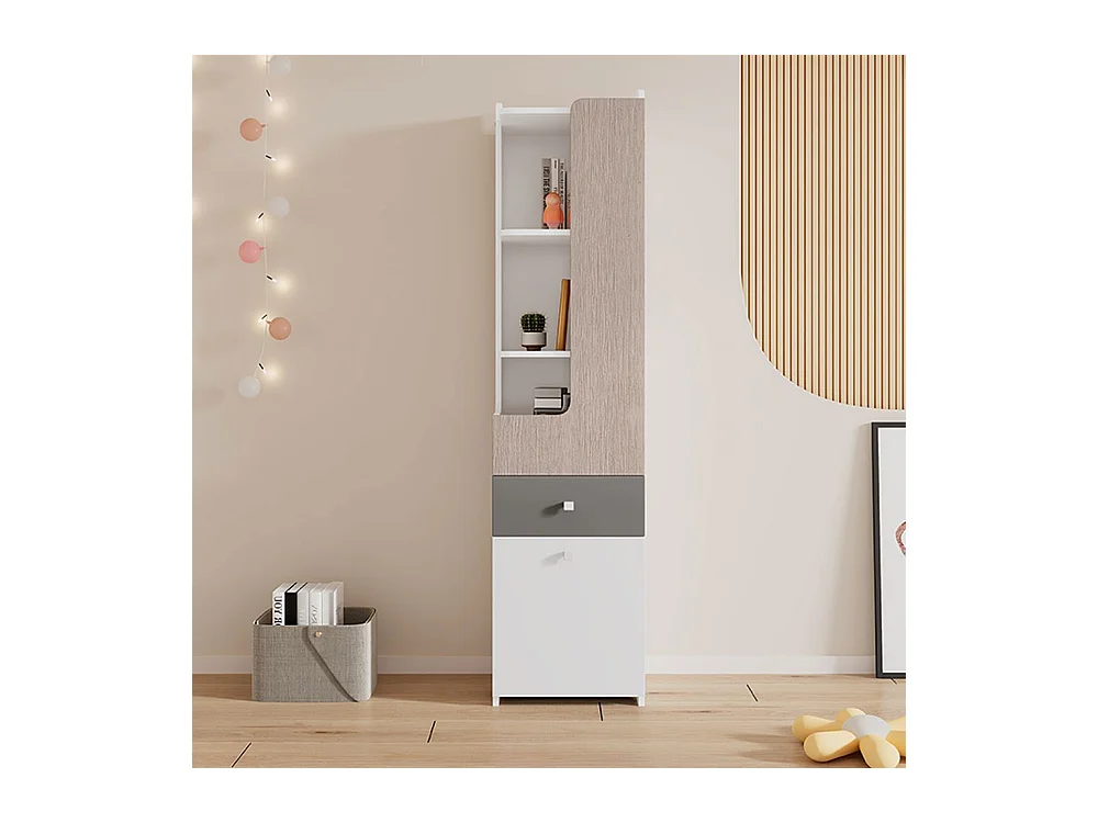 Bibliothèque étagère adolescents porte L tiroir armoires rangement portes charnières boutons métalliques carrés MDF blanc orme clair gris