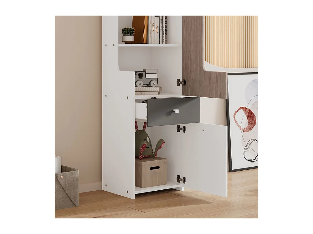 Bibliothèque étagère adolescents porte L tiroir armoires rangement portes charnières boutons métalliques carrés MDF blanc orme clair gris