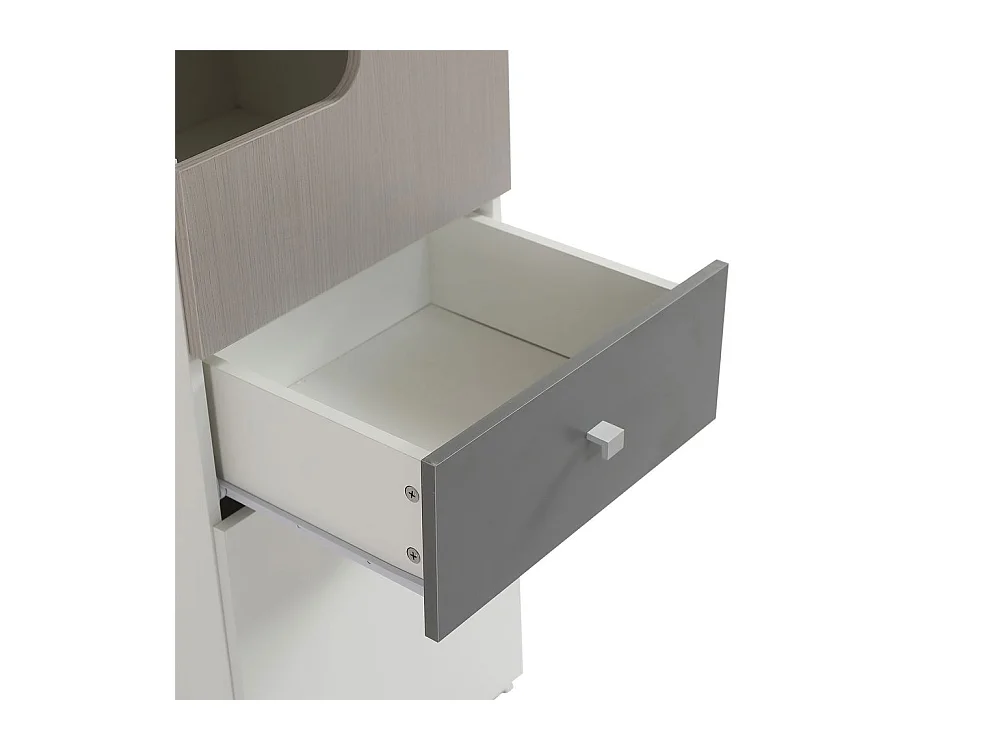 Bibliothèque étagère adolescents porte L tiroir armoires rangement portes charnières boutons métalliques carrés MDF blanc orme clair gris