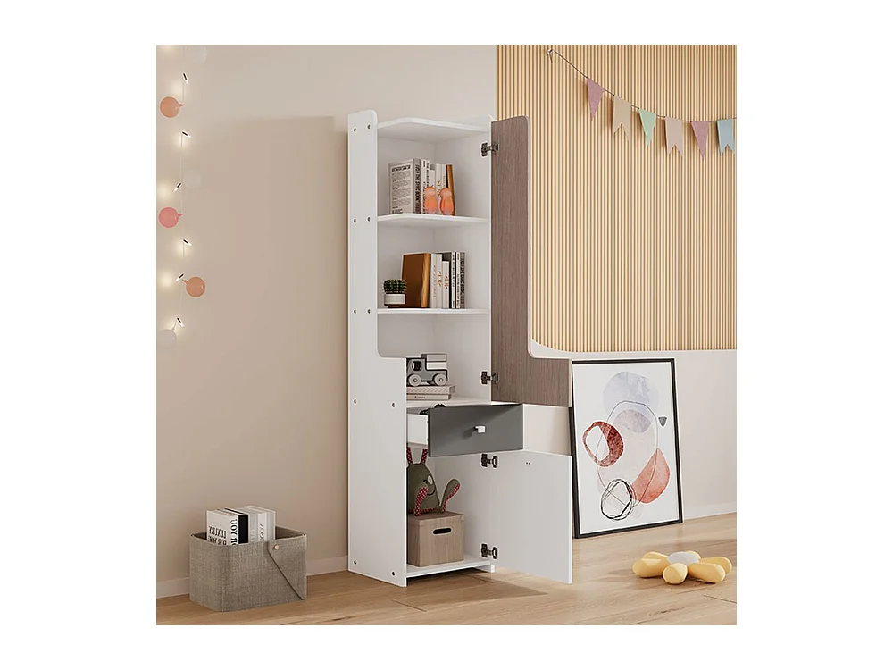 Bibliothèque étagère adolescents porte L tiroir armoires rangement portes charnières boutons métalliques carrés MDF blanc orme clair gris
