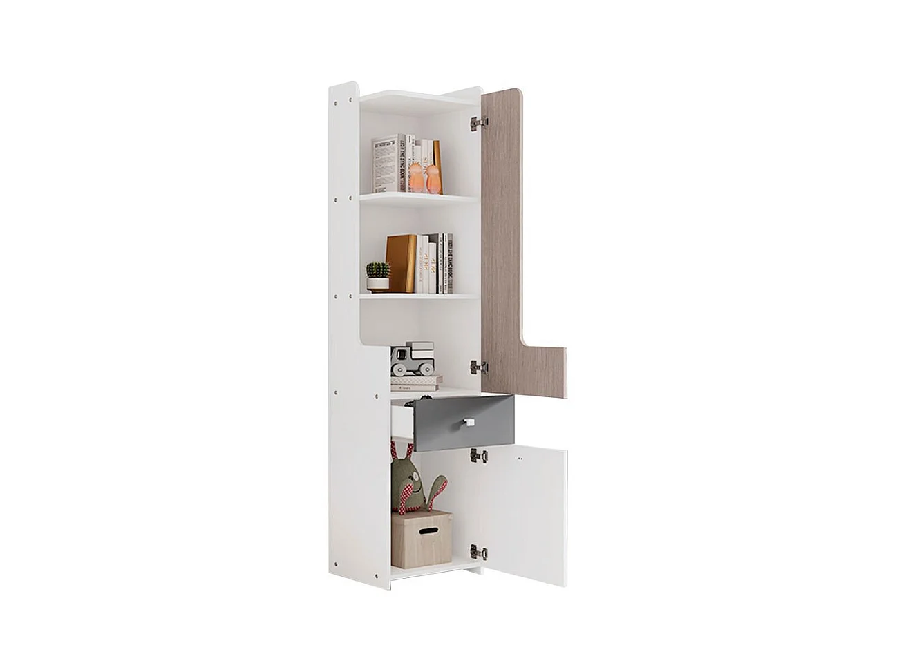 Bibliothèque étagère adolescents porte L tiroir armoires rangement portes charnières boutons métalliques carrés MDF blanc orme clair gris