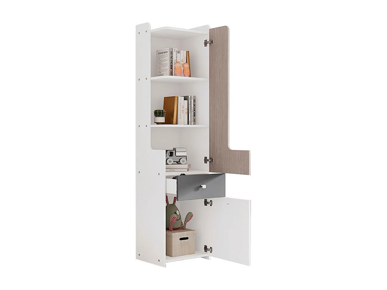 Bibliothèque étagère adolescents porte L tiroir armoires rangement portes charnières boutons métalliques carrés MDF blanc orme clair gris