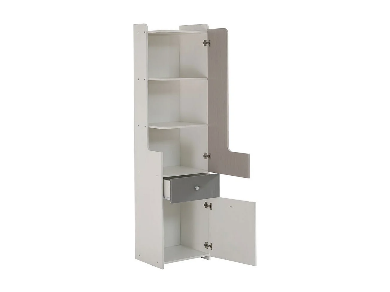 Bibliothèque étagère adolescents porte L tiroir armoires rangement portes charnières boutons métalliques carrés MDF blanc orme clair gris