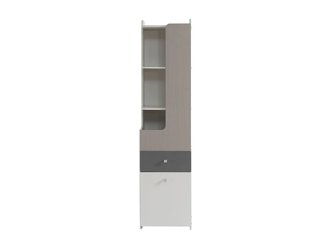 Bibliothèque étagère adolescents porte L tiroir armoires rangement portes charnières boutons métalliques carrés MDF blanc orme clair gris