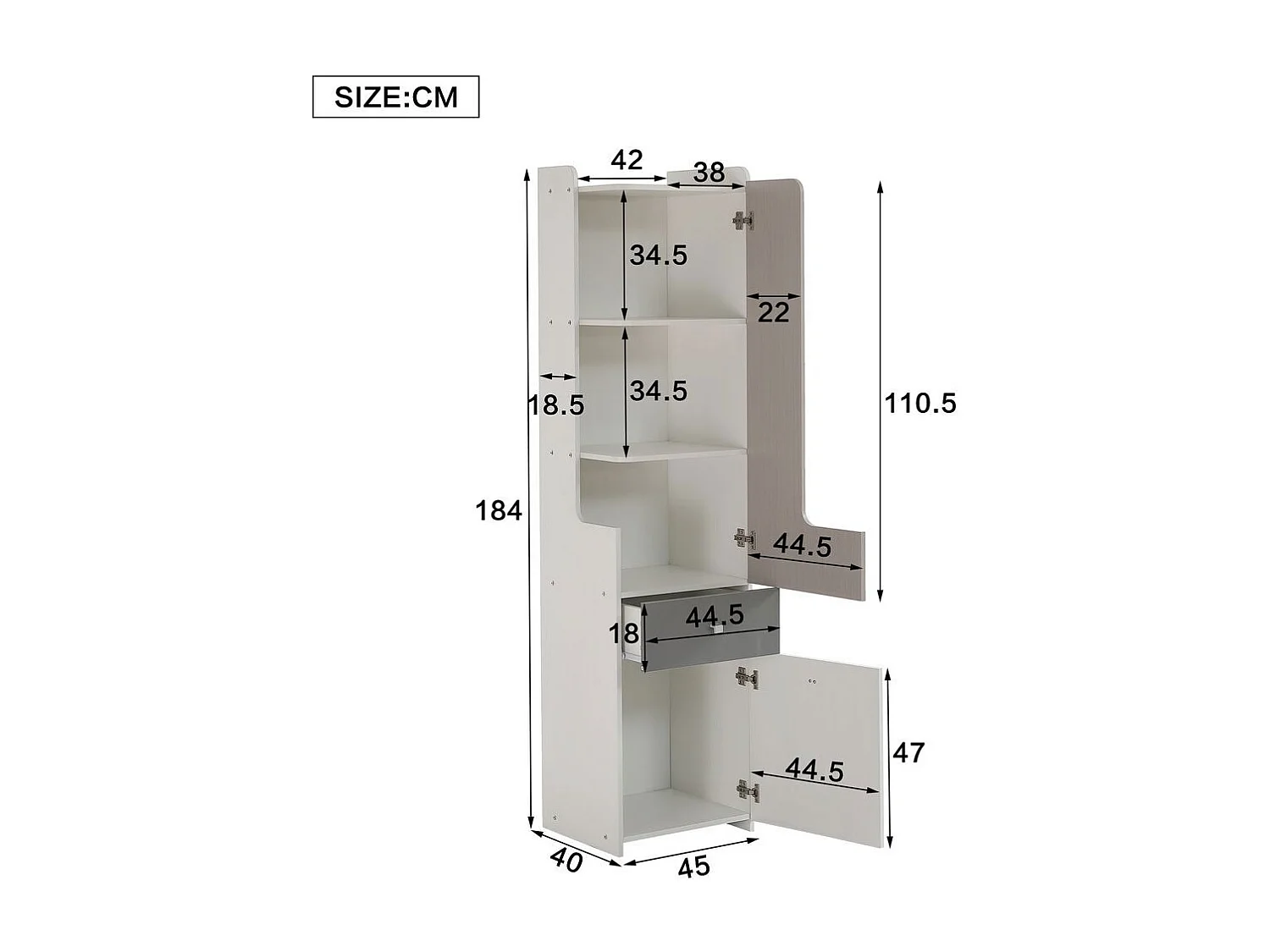 Bibliothèque étagère adolescents porte L tiroir armoires rangement portes charnières boutons métalliques carrés MDF blanc orme clair gris