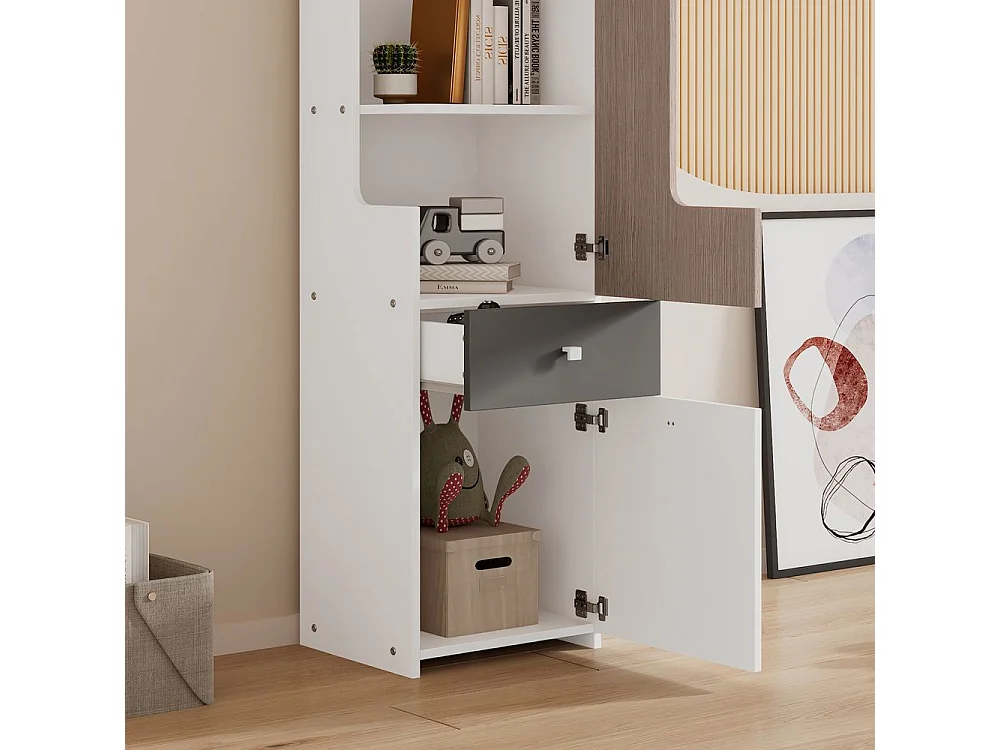 Bibliothèque étagère adolescents porte L tiroir armoires rangement portes charnières boutons métalliques carrés MDF blanc orme clair gris