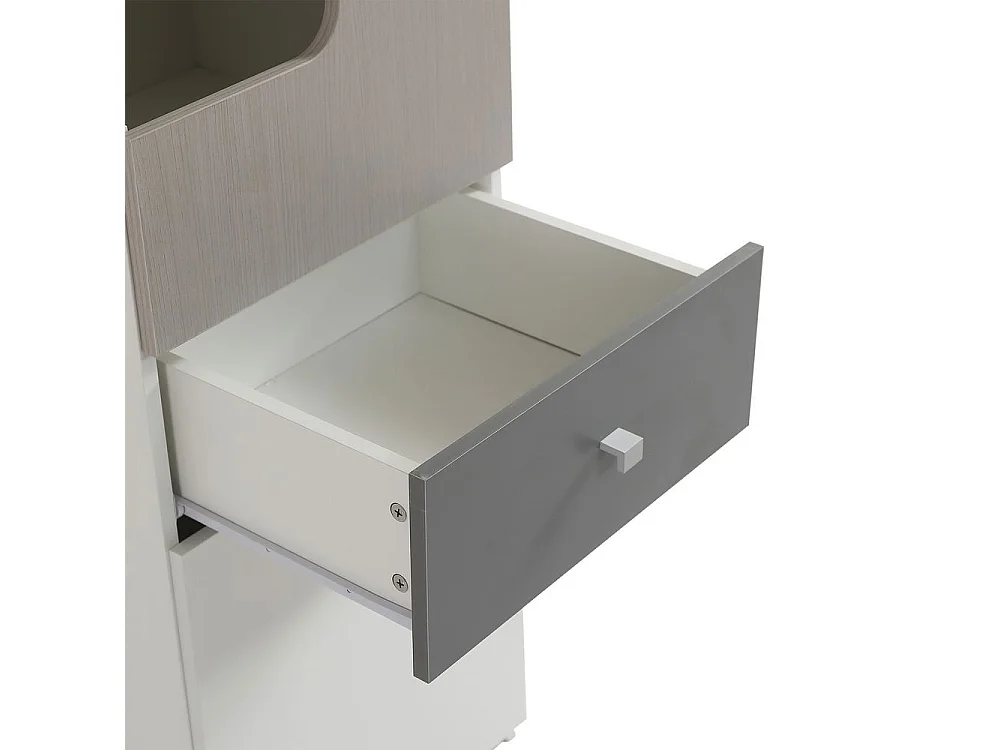 Bibliothèque étagère adolescents porte L tiroir armoires rangement portes charnières boutons métalliques carrés MDF blanc orme clair gris